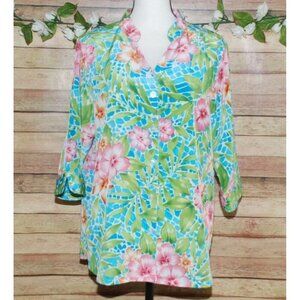 Bon Worth Ladies Hawaiian 3/4 Sleeve Button Front Blouse Size M MP Vacation